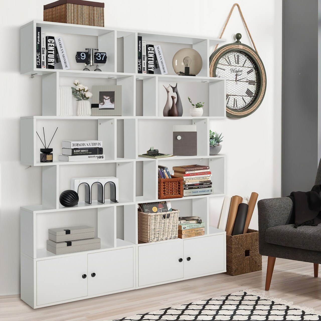 Gymax 2PCS 6 tier Geometric Bookcase S shaped Z shelf Bookshelf